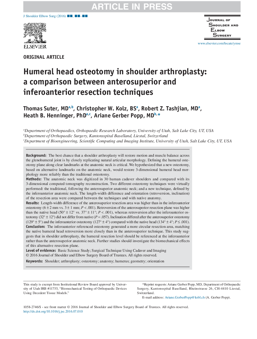 Humeral head osteotomy in shoulder arthroplasty: a comparison between anterosuperior and inferoanterior resection techniques