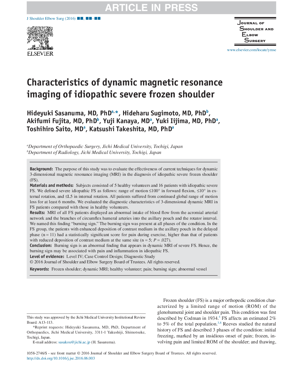 Characteristics of dynamic magnetic resonance imaging of idiopathic severe frozen shoulder