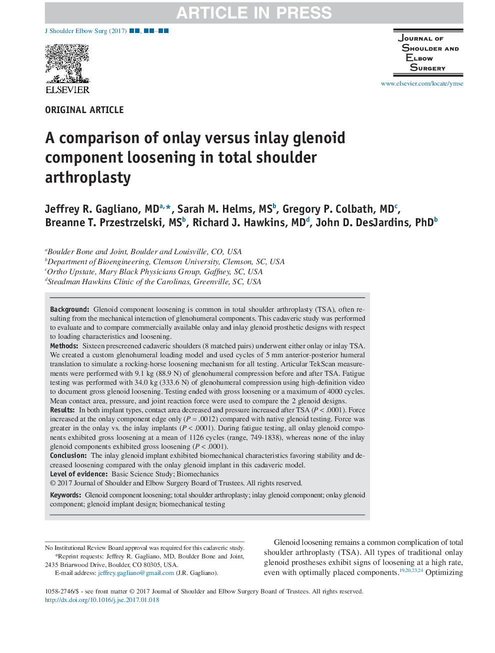 A comparison of onlay versus inlay glenoid component loosening in total shoulder arthroplasty