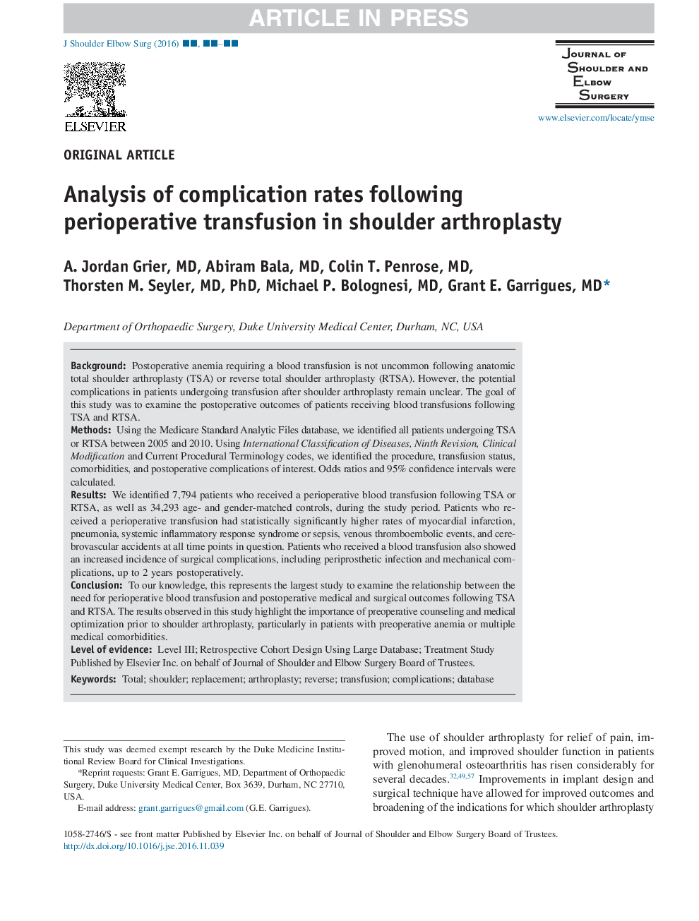 Analysis of complication rates following perioperative transfusion in shoulder arthroplasty