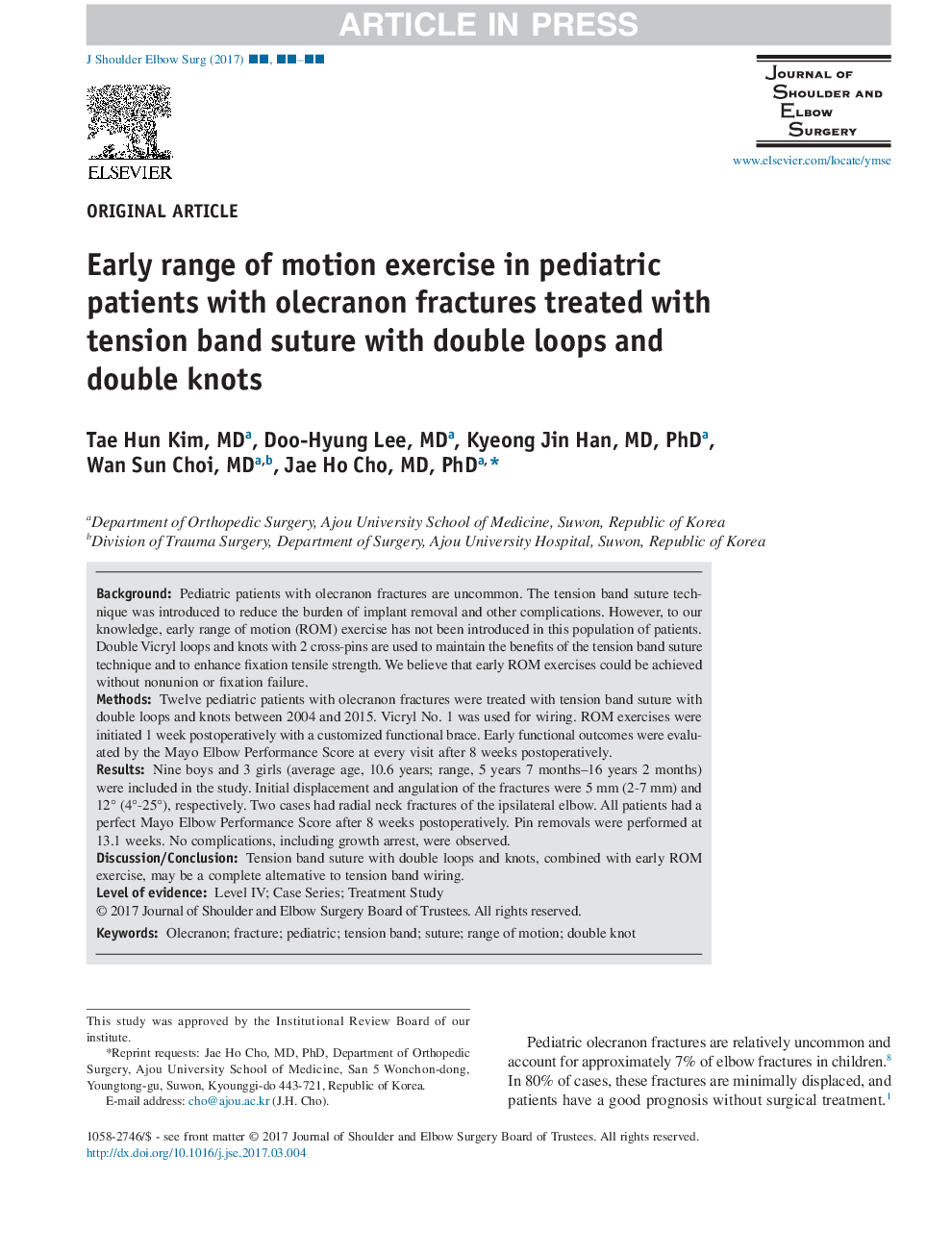 Early range of motion exercise in pediatric patients with olecranon fractures treated with tension band suture with double loops and double knots