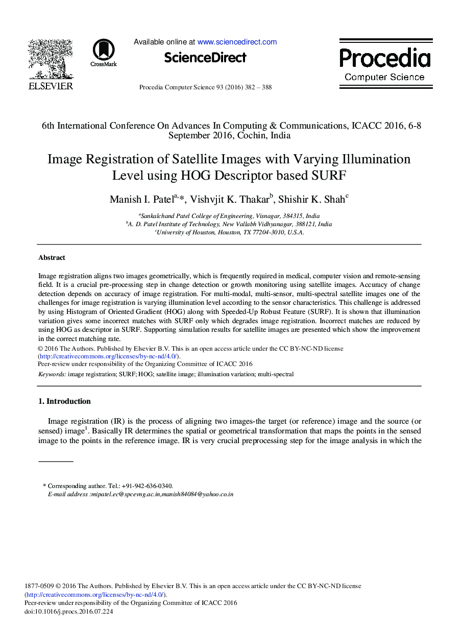 Image Registration of Satellite Images with Varying Illumination Level Using HOG Descriptor Based SURF 