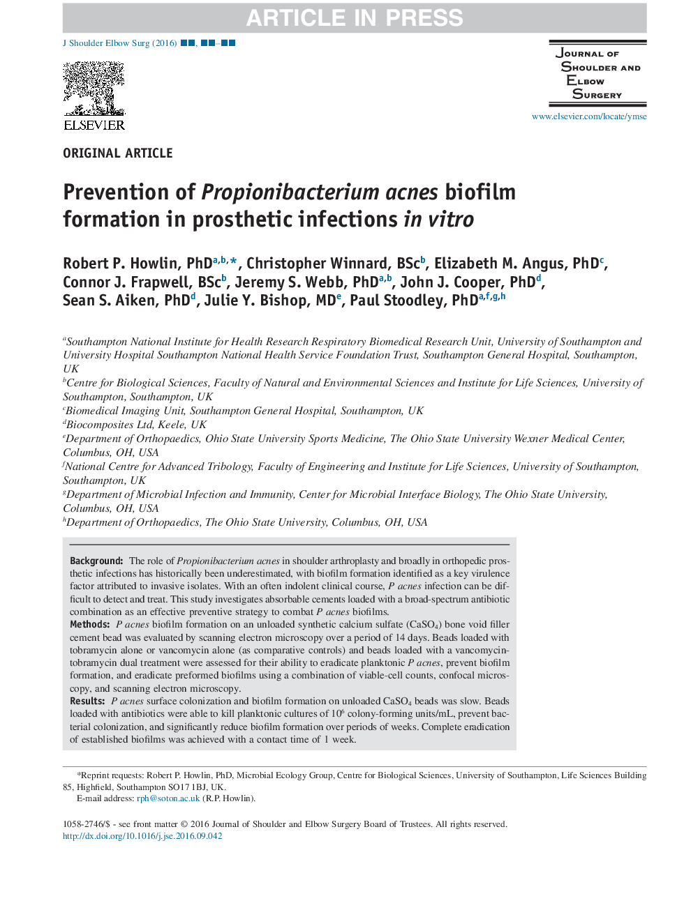 Prevention of Propionibacterium acnes biofilm formation in prosthetic infections in vitro