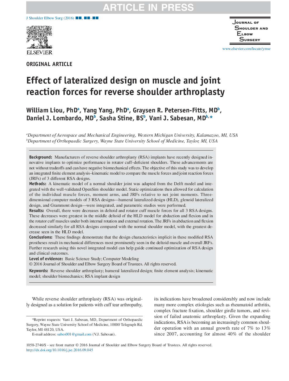 Effect of lateralized design on muscle and joint reaction forces for reverse shoulder arthroplasty