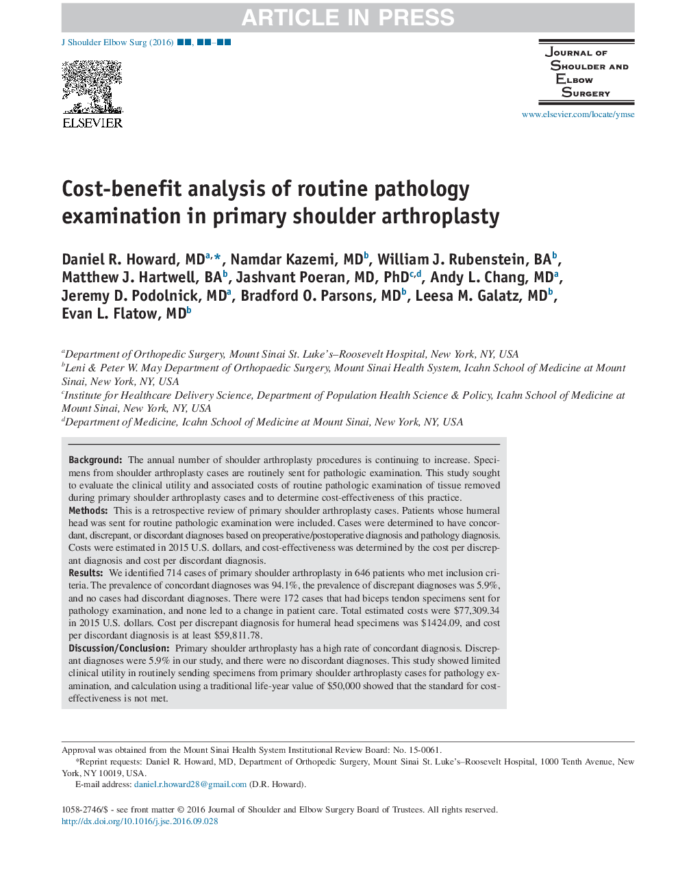 Cost-benefit analysis of routine pathology examination in primary shoulder arthroplasty