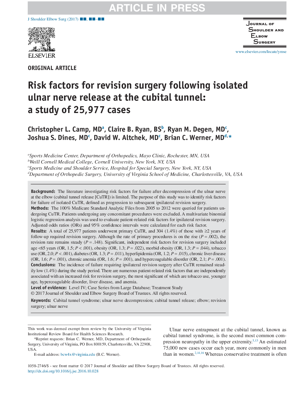 عوامل خطرساز جراحی تجدید نظر بعد از آزادی عصب اولنار در تونل مکعبی: مطالعهی 25،977 مورد 