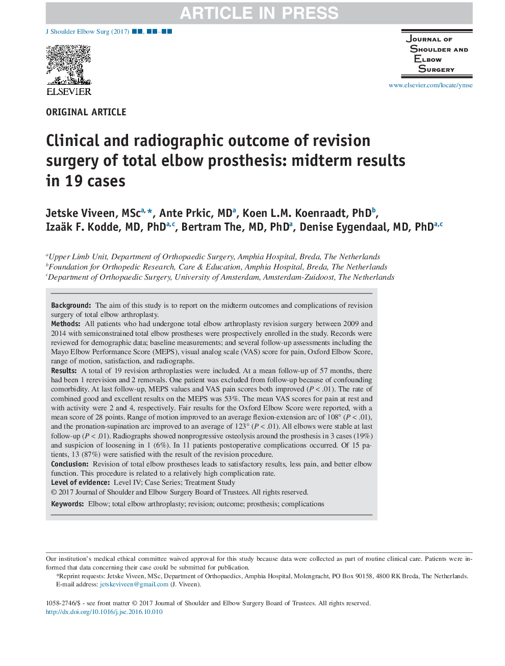 Clinical and radiographic outcome of revision surgery of total elbow prosthesis: midterm results in 19 cases