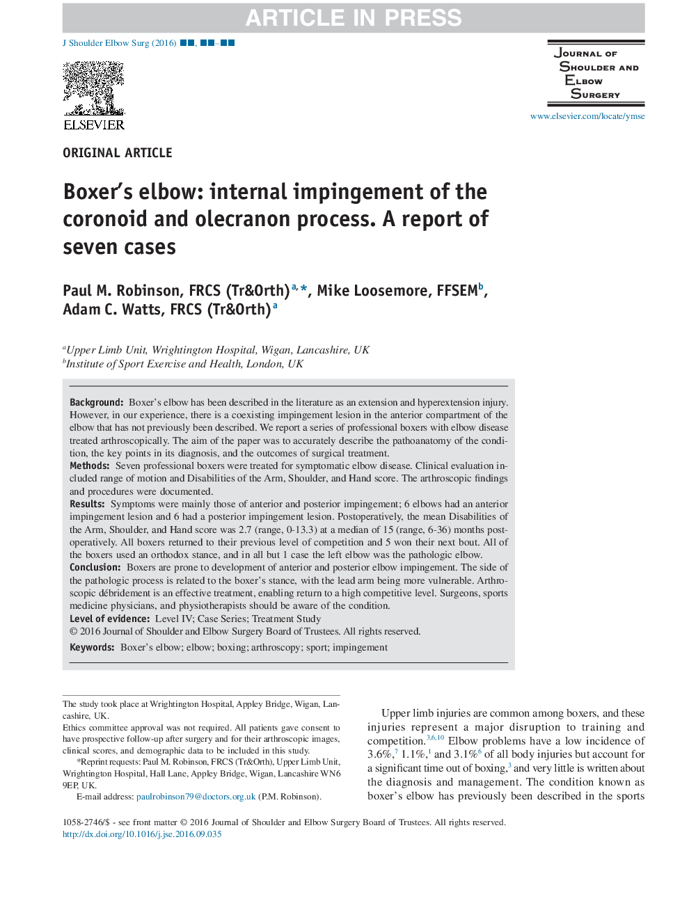 Boxer's elbow: internal impingement of the coronoid and olecranon process. A report of seven cases