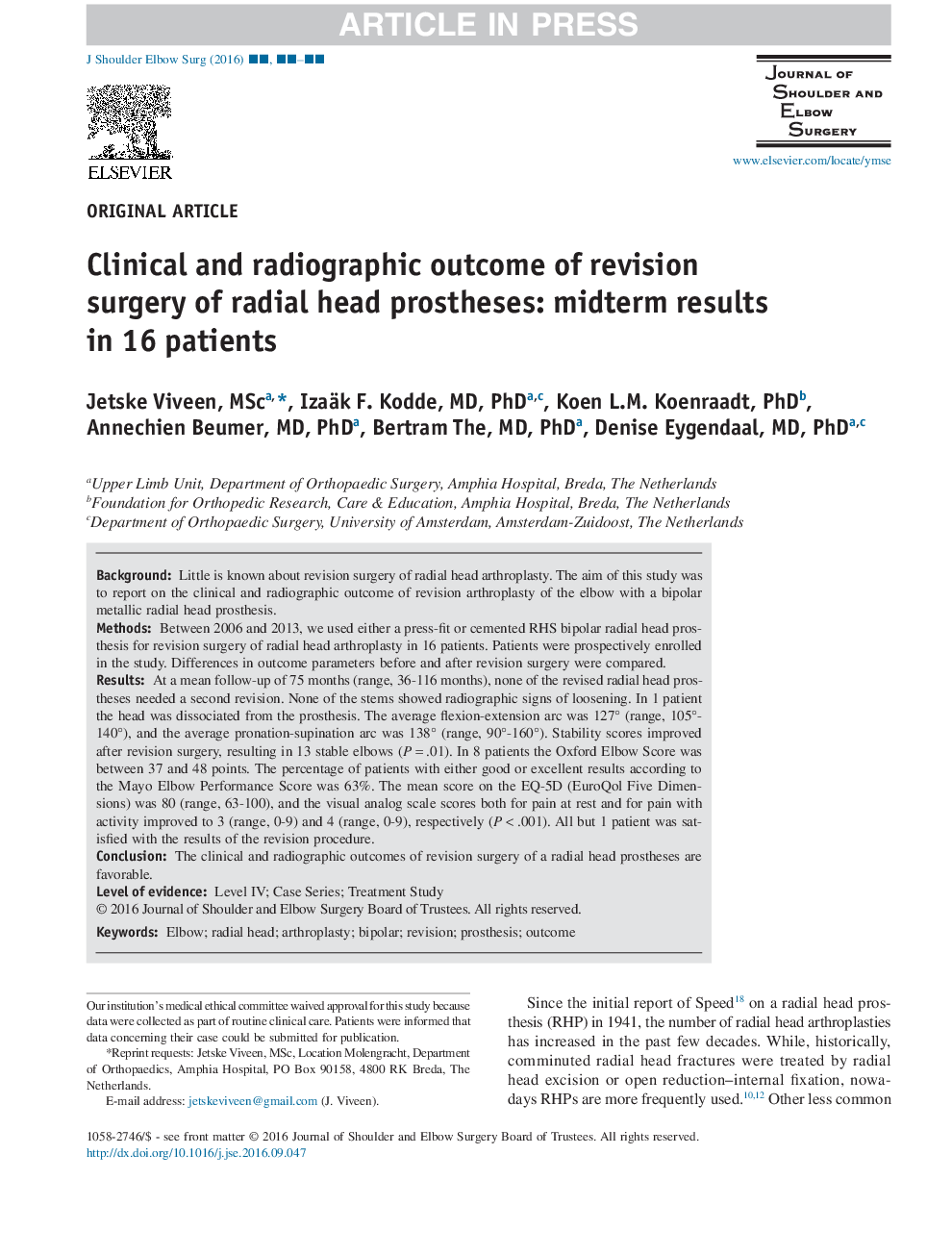 Clinical and radiographic outcome of revision surgery of radial head prostheses: midterm results in 16 patients