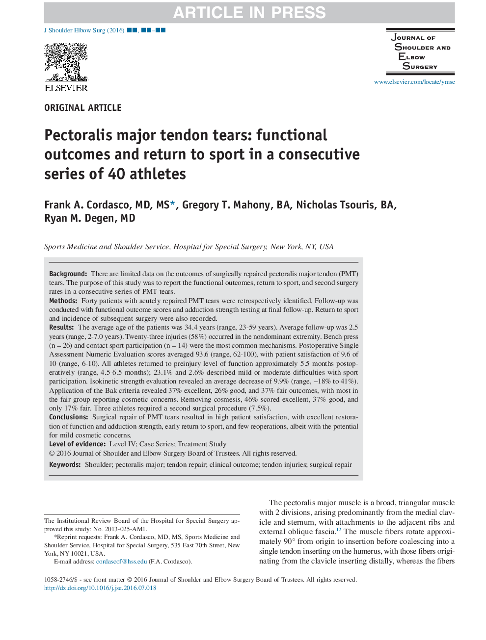 Pectoralis major tendon tears: functional outcomes and return to sport in a consecutive series of 40 athletes