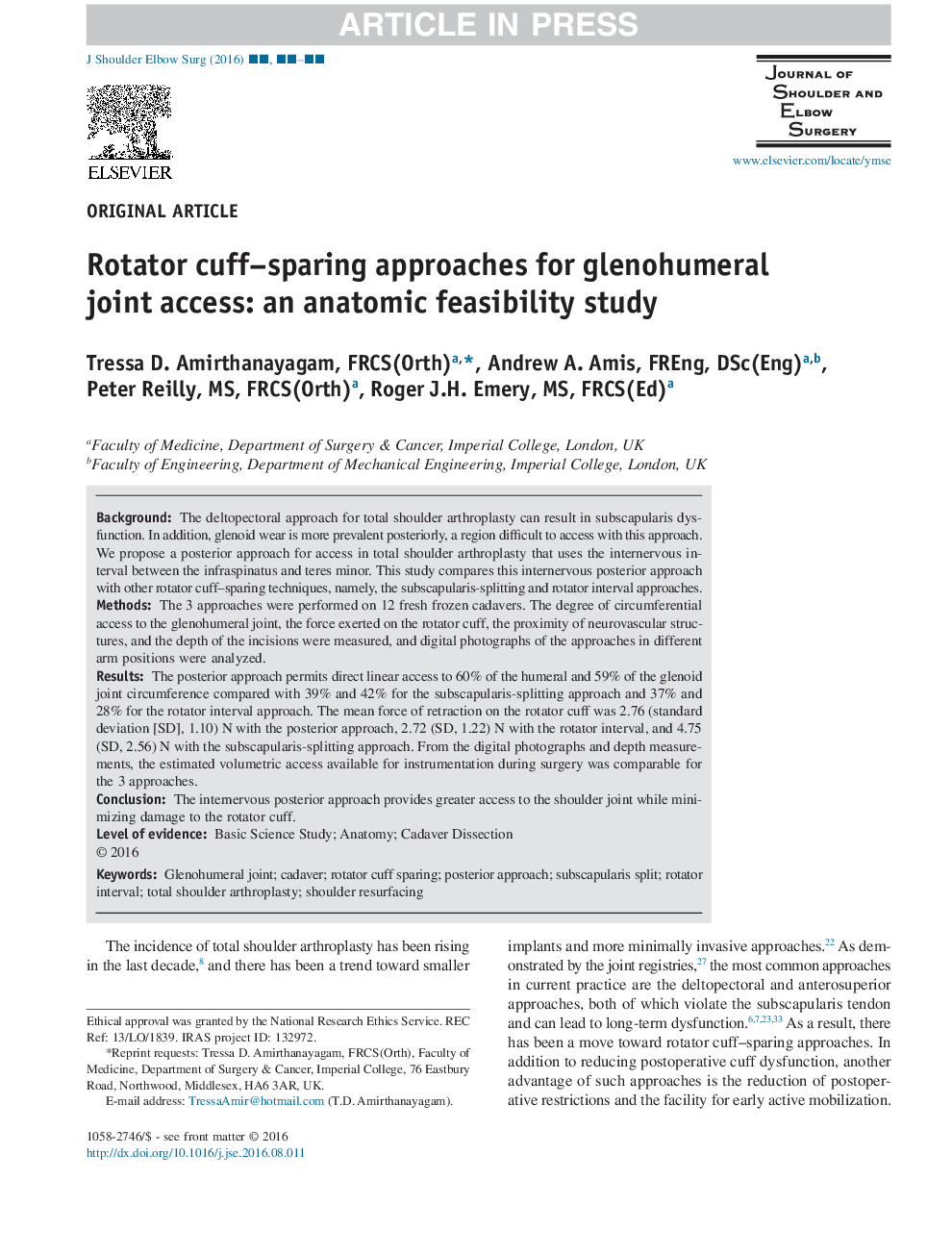 Rotator cuff-sparing approaches for glenohumeral joint access: an anatomic feasibility study