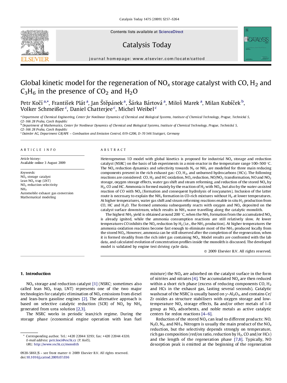 Global kinetic model for the regeneration of NOx storage catalyst with CO, H2 and C3H6 in the presence of CO2 and H2O