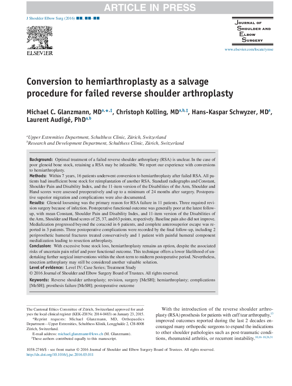 Conversion to hemiarthroplasty as a salvage procedure for failed reverse shoulder arthroplasty