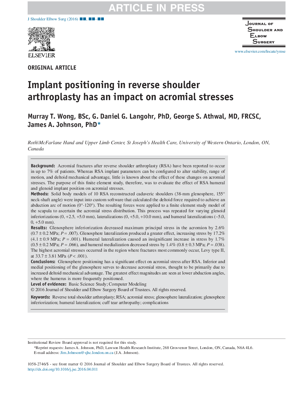 Implant positioning in reverse shoulder arthroplasty has an impact on acromial stresses