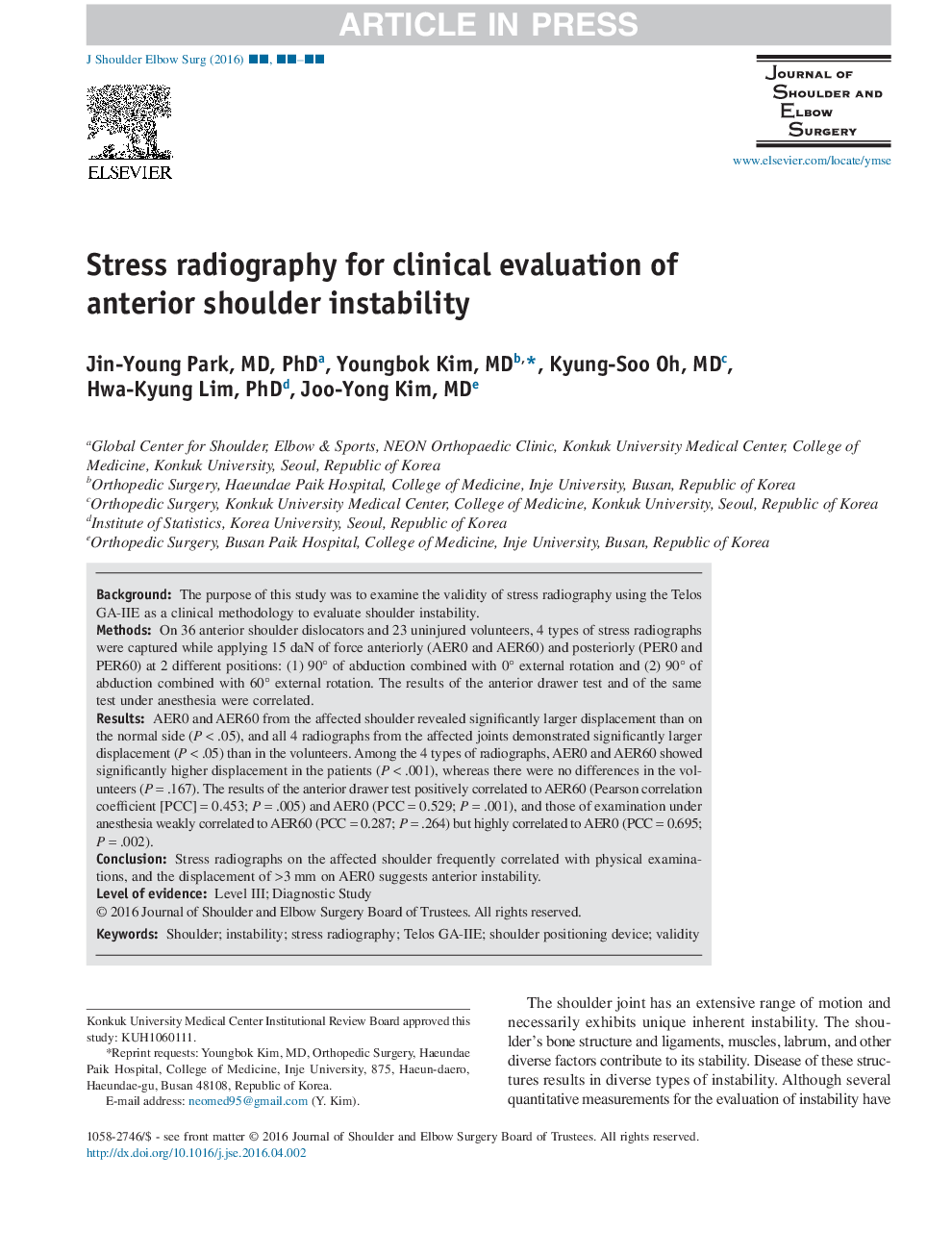 Stress radiography for clinical evaluation of anterior shoulder instability