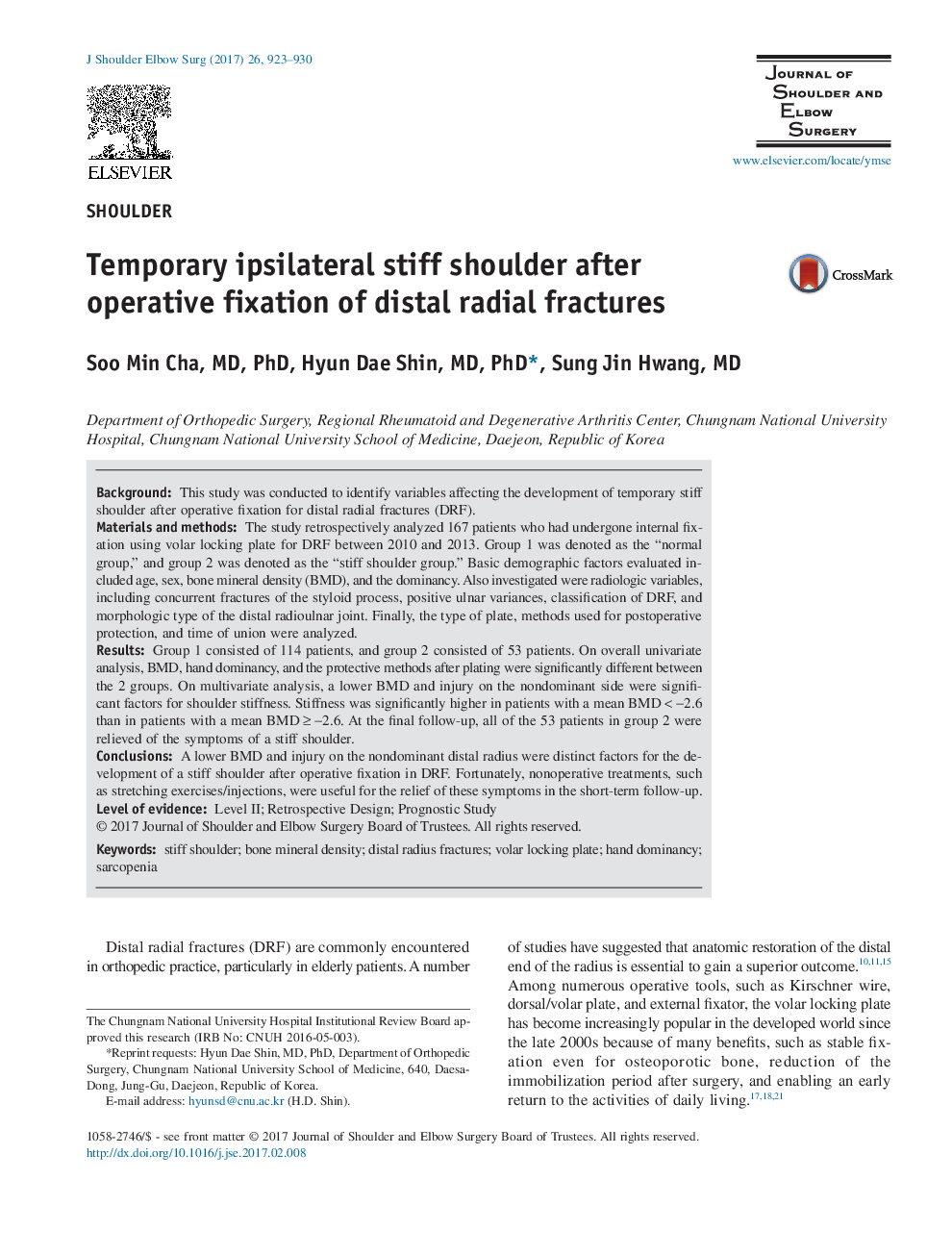 Temporary ipsilateral stiff shoulder after operative fixation of distal radial fractures