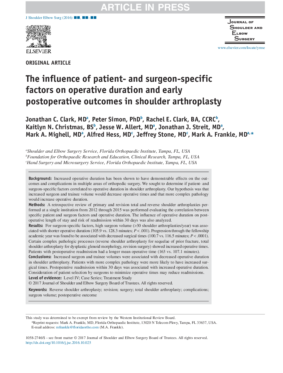 The influence of patient- and surgeon-specific factors on operative duration and early postoperative outcomes in shoulder arthroplasty