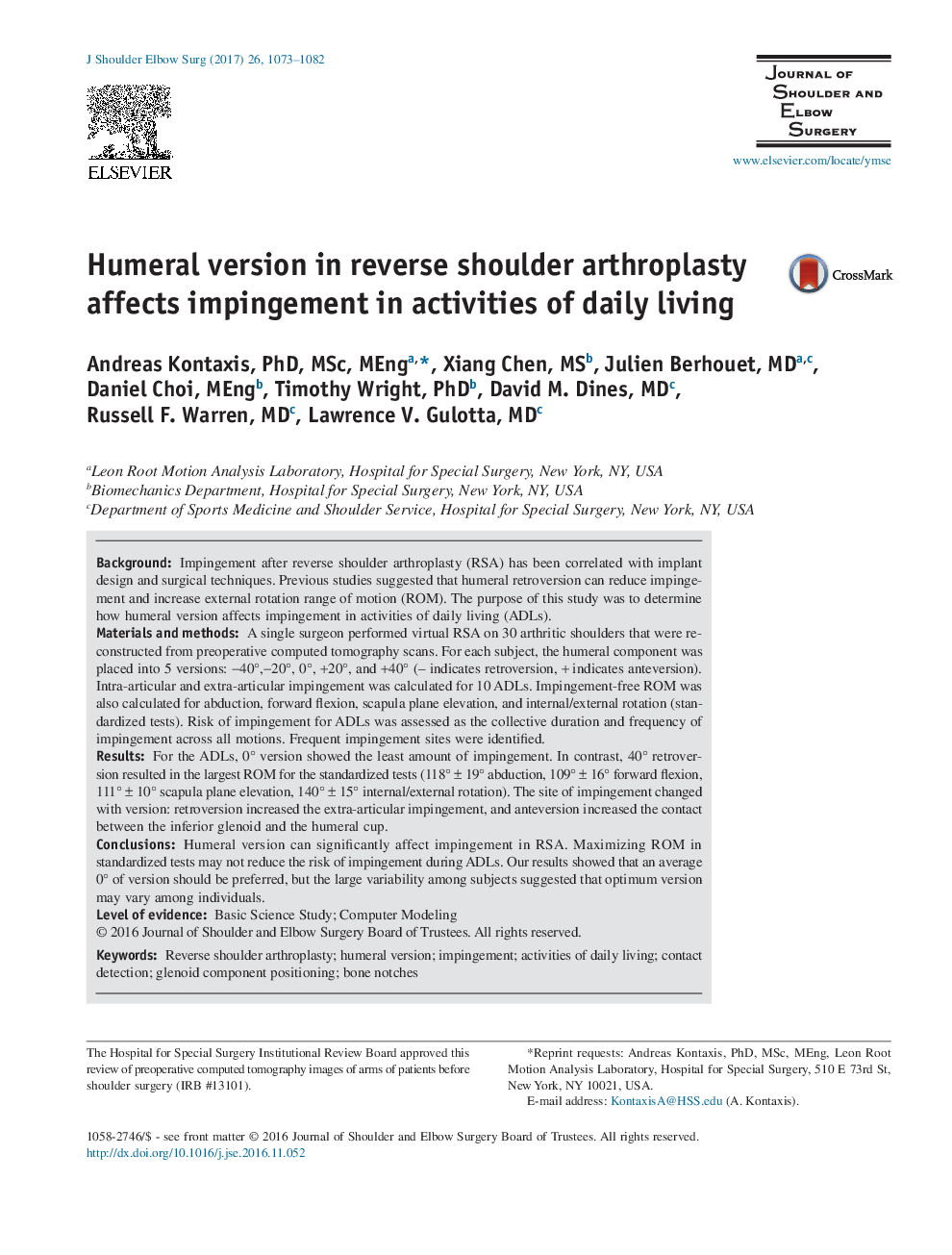 Humeral version in reverse shoulder arthroplasty affects impingement in activities of daily living