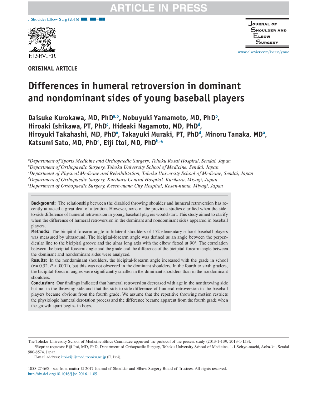 Differences in humeral retroversion in dominant and nondominant sides of young baseball players