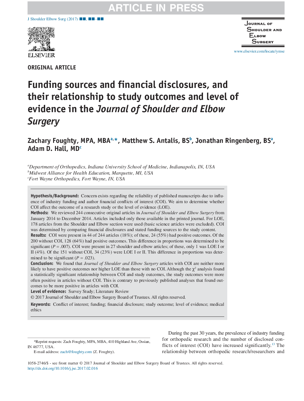 Funding sources and financial disclosures, and their relationship to study outcomes and level of evidence in the Journal of Shoulder and Elbow Surgery