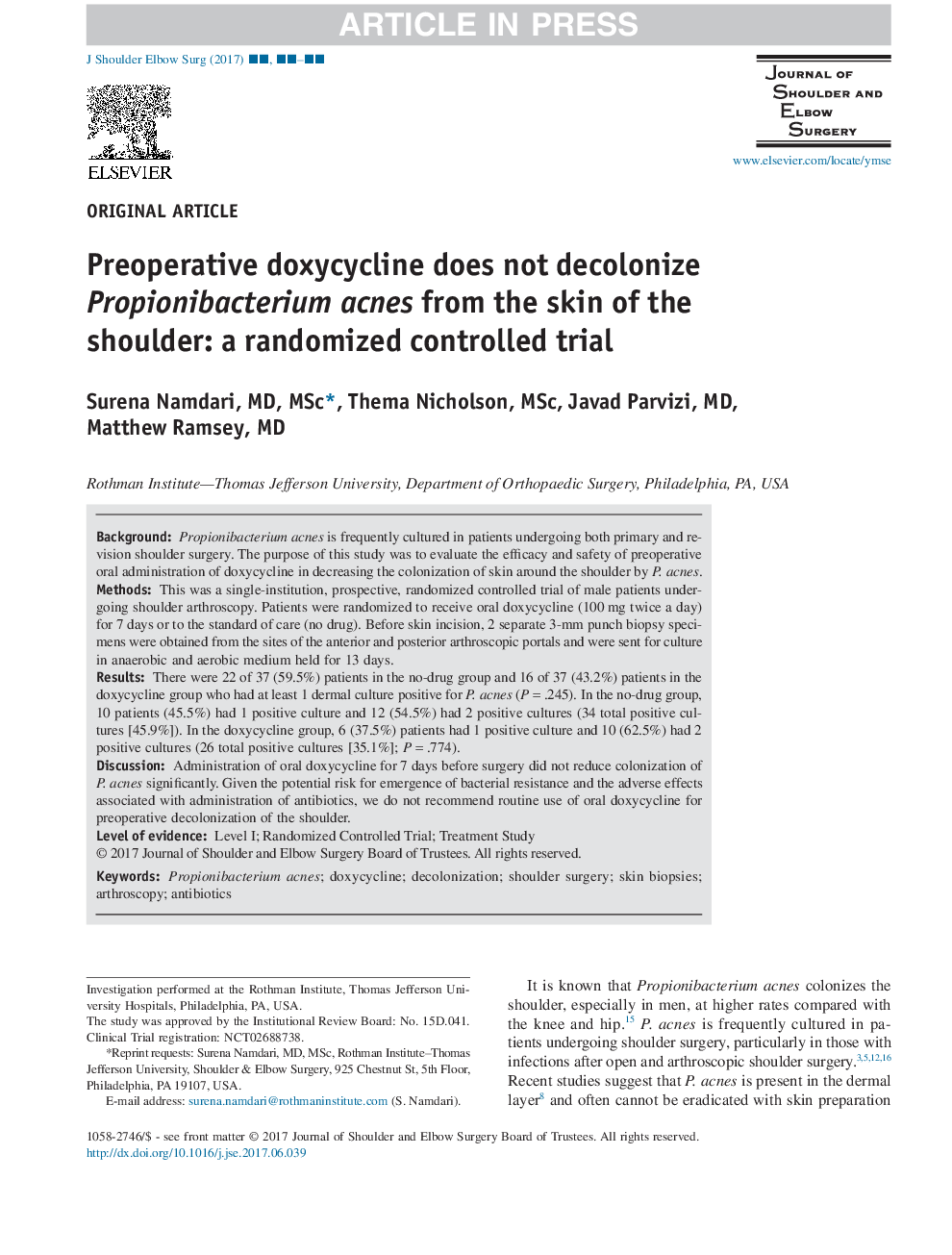 Preoperative doxycycline does not decolonize Propionibacterium acnes from the skin of the shoulder: a randomized controlled trial