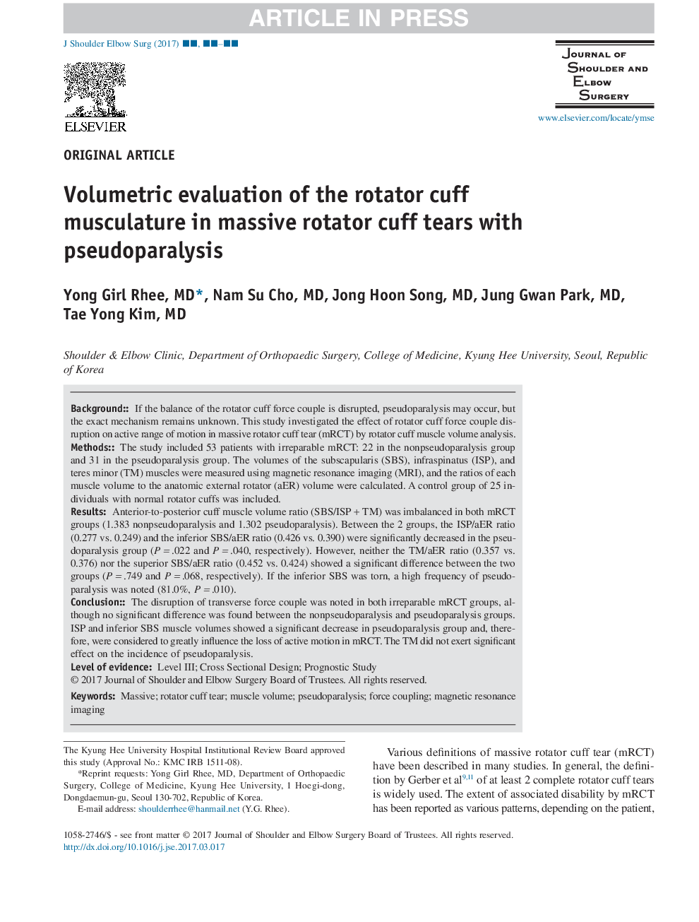 Volumetric evaluation of the rotator cuff musculature in massive rotator cuff tears with pseudoparalysis