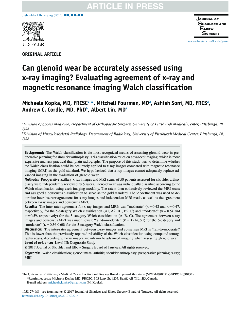 Can glenoid wear be accurately assessed using x-ray imaging? Evaluating agreement of x-ray and magnetic resonance imaging (MRI) Walch classification