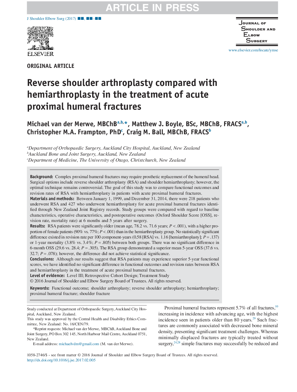 Reverse shoulder arthroplasty compared with hemiarthroplasty in the treatment of acute proximal humeral fractures