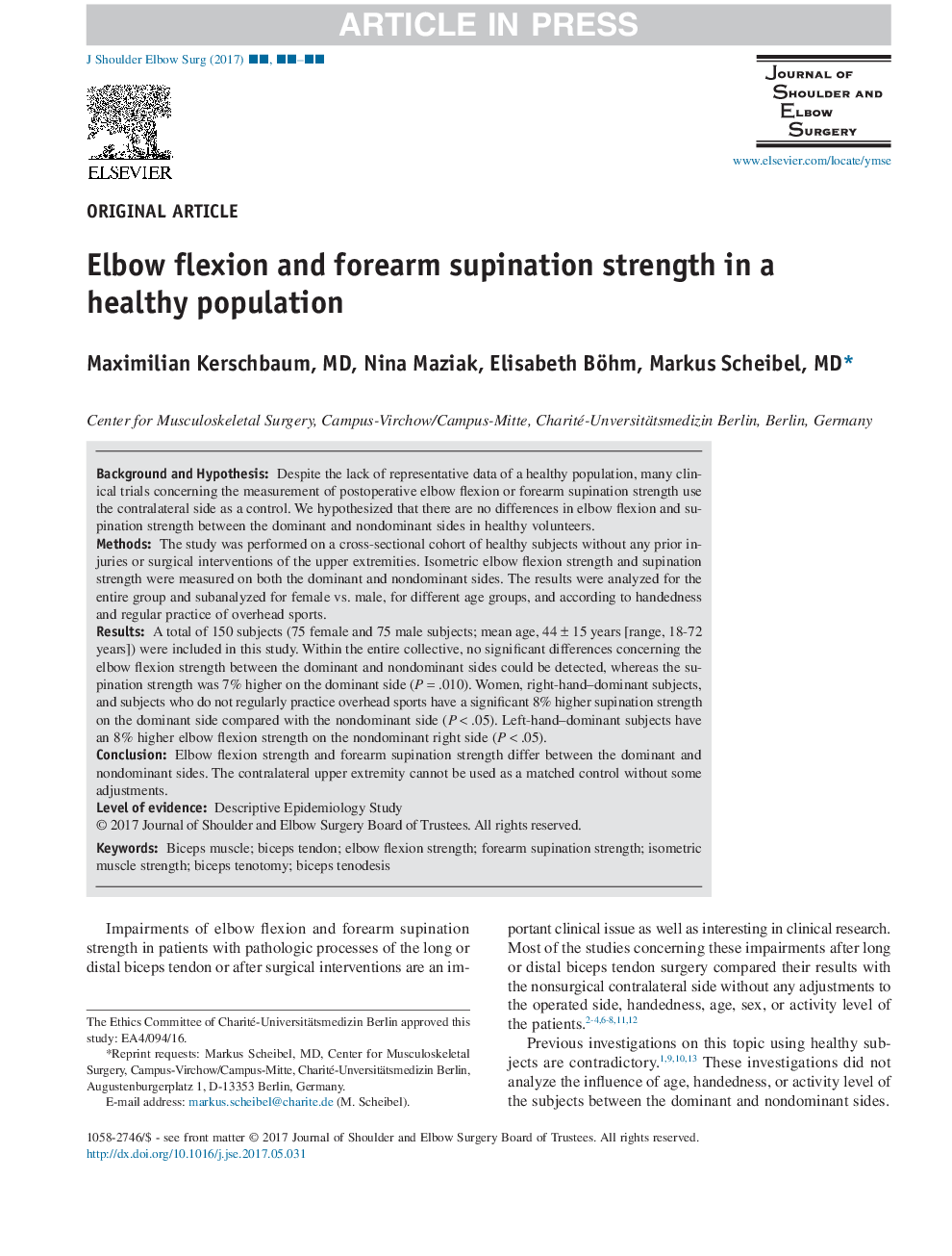 Elbow flexion and forearm supination strength in a healthy population