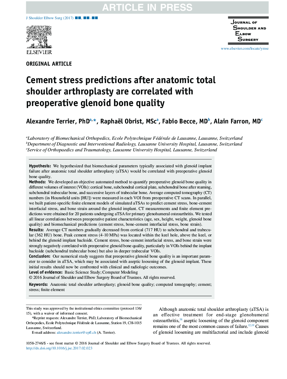 Cement stress predictions after anatomic total shoulder arthroplasty are correlated with preoperative glenoid bone quality