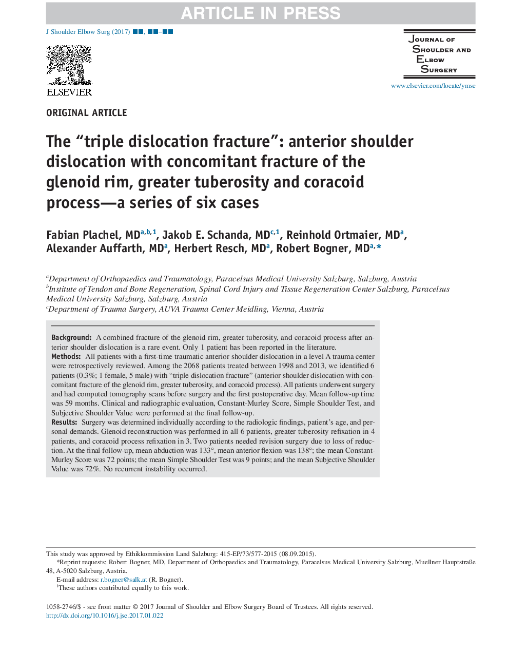 The “triple dislocation fracture”: anterior shoulder dislocation with concomitant fracture of the glenoid rim, greater tuberosity and coracoid process-a series of six cases