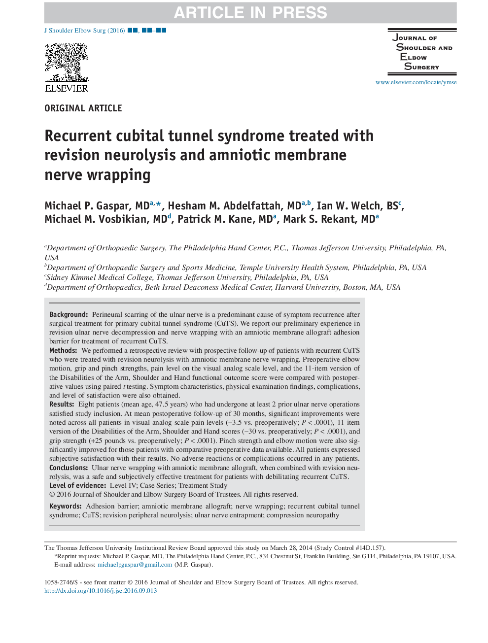 Recurrent cubital tunnel syndrome treated with revision neurolysis and amniotic membrane nerve wrapping
