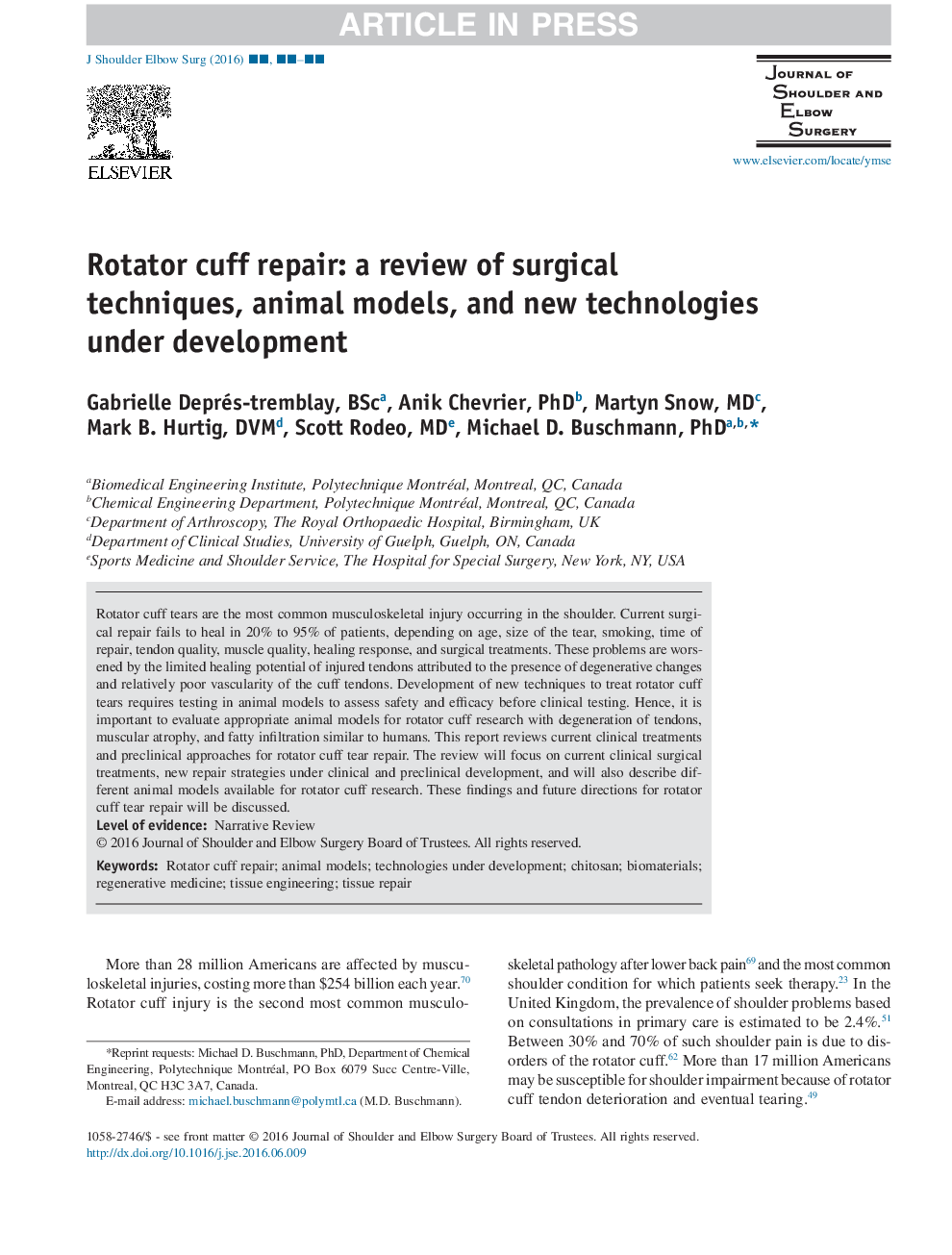 Rotator cuff repair: a review of surgical techniques, animal models, and new technologies under development