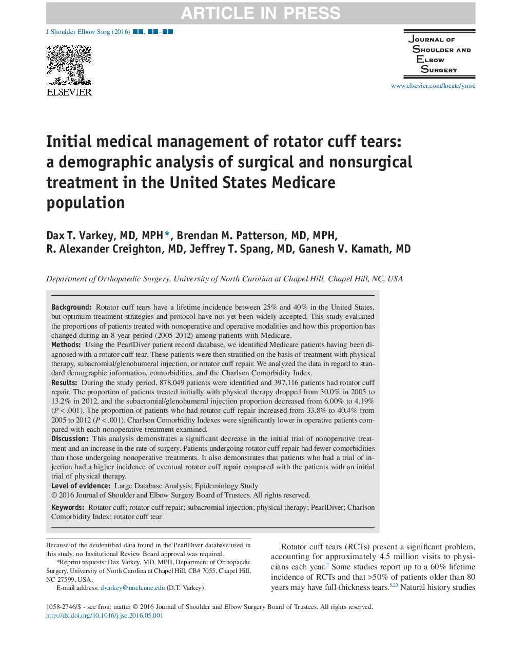 Initial medical management of rotator cuff tears: a demographic analysis of surgical and nonsurgical treatment in the United States Medicare population