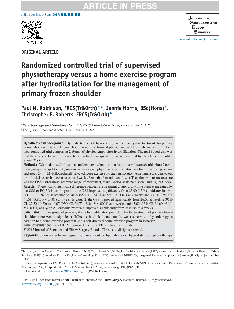 Randomized controlled trial of supervised physiotherapy versus a home exercise program after hydrodilatation for the management of primary frozen shoulder