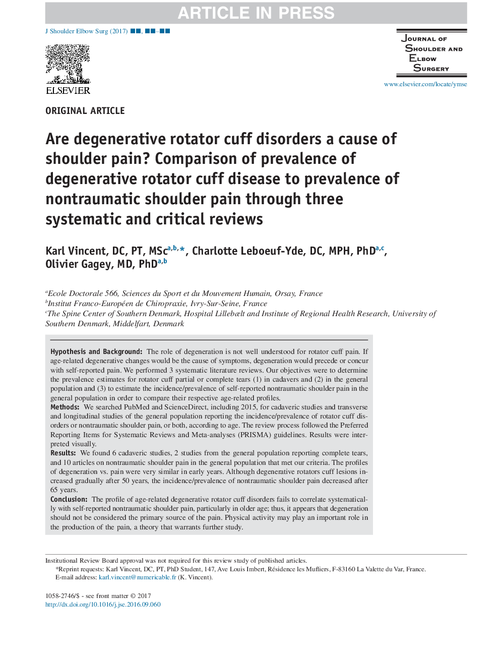 Are degenerative rotator cuff disorders a cause of shoulder pain? Comparison of prevalence of degenerative rotator cuff disease to prevalence of nontraumatic shoulder pain through three systematic and critical reviews