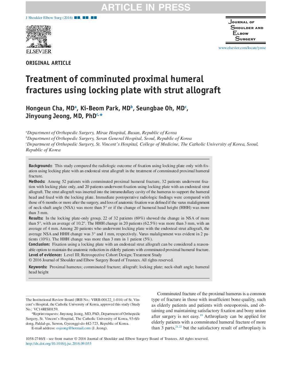 Treatment of comminuted proximal humeral fractures using locking plate with strut allograft