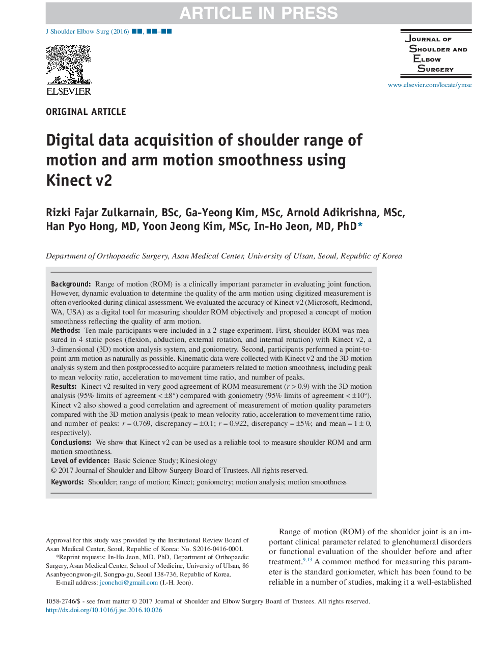 Digital data acquisition of shoulder range of motion and arm motion smoothness using Kinect v2