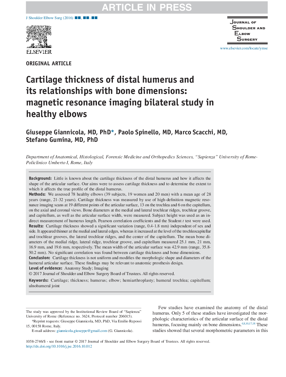 Cartilage thickness of distal humerus and its relationships with bone dimensions: magnetic resonance imaging bilateral study in healthy elbows