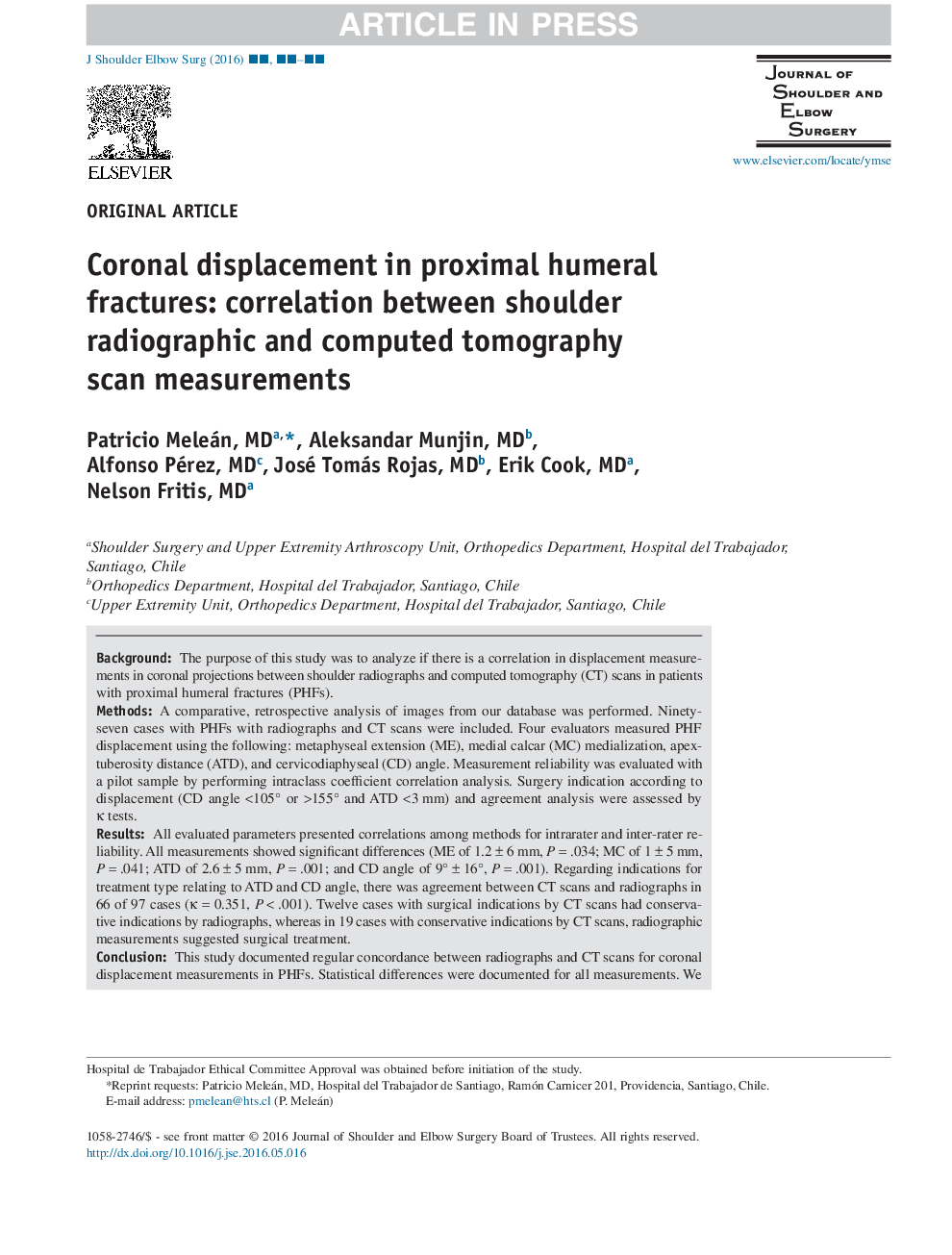 Coronal displacement in proximal humeral fractures: correlation between shoulder radiographic and computed tomography scan measurements