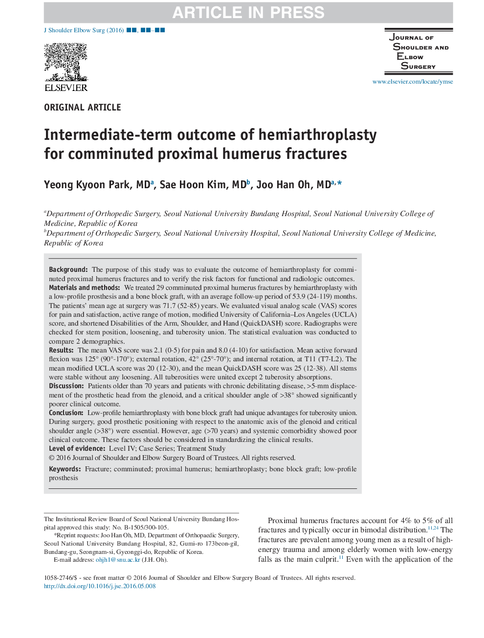 Intermediate-term outcome of hemiarthroplasty for comminuted proximal humerus fractures