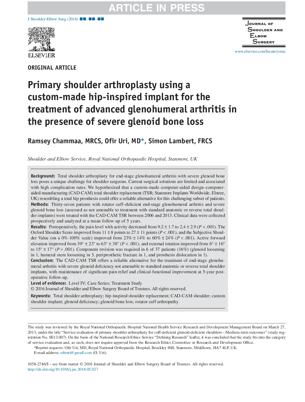 Primary shoulder arthroplasty using a custom-made hip-inspired implant for the treatment of advanced glenohumeral arthritis in the presence of severe glenoid bone loss