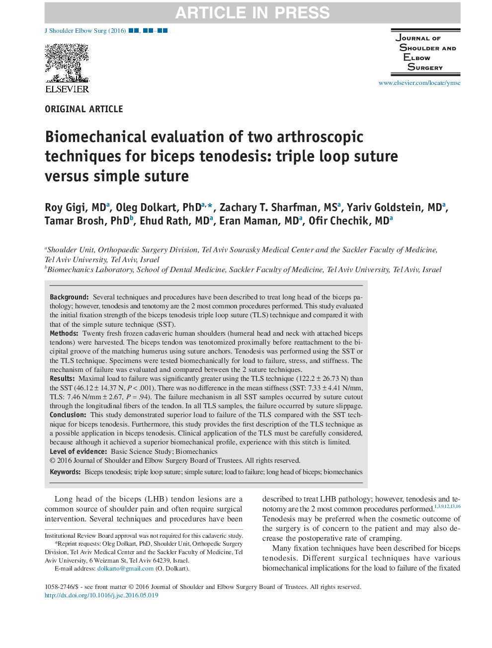 Biomechanical evaluation of two arthroscopic techniques for biceps tenodesis: triple loop suture versus simple suture