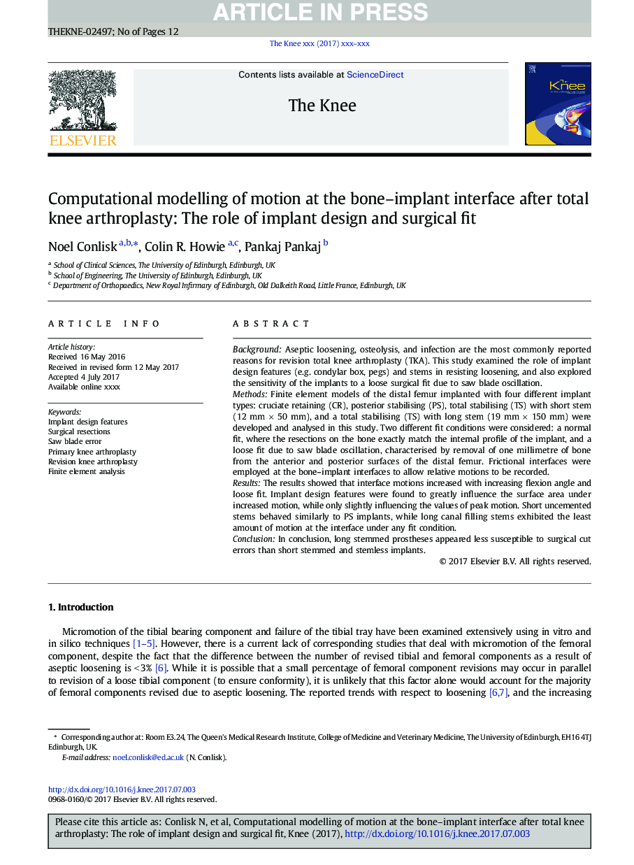 Computational modelling of motion at the bone-implant interface after total knee arthroplasty: The role of implant design and surgical fit