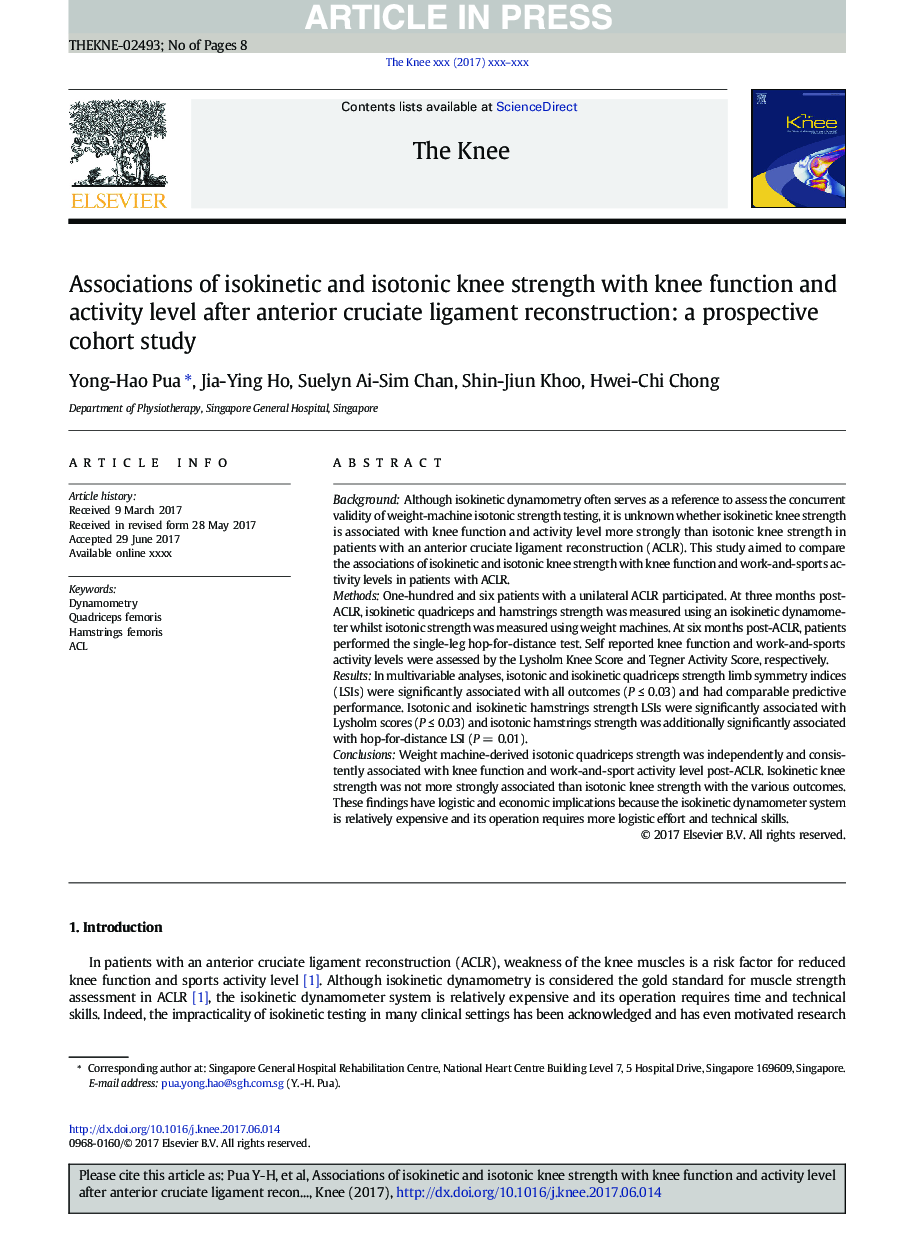 Associations of isokinetic and isotonic knee strength with knee function and activity level after anterior cruciate ligament reconstruction: a prospective cohort study