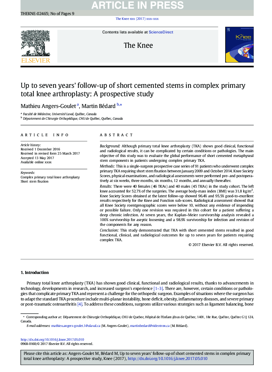 Up to seven years' follow-up of short cemented stems in complex primary total knee arthroplasty: A prospective study