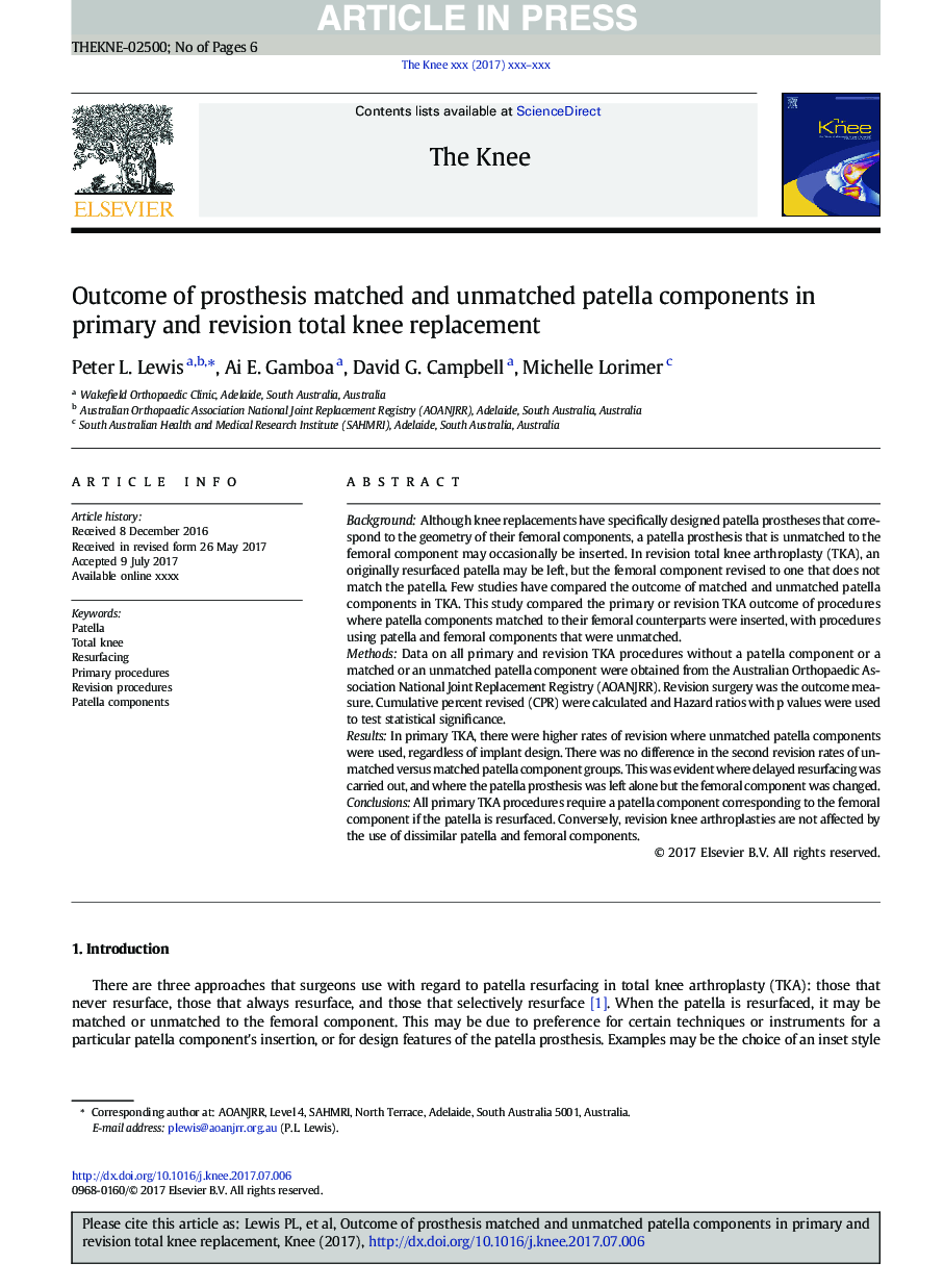 Outcome of prosthesis matched and unmatched patella components in primary and revision total knee replacement