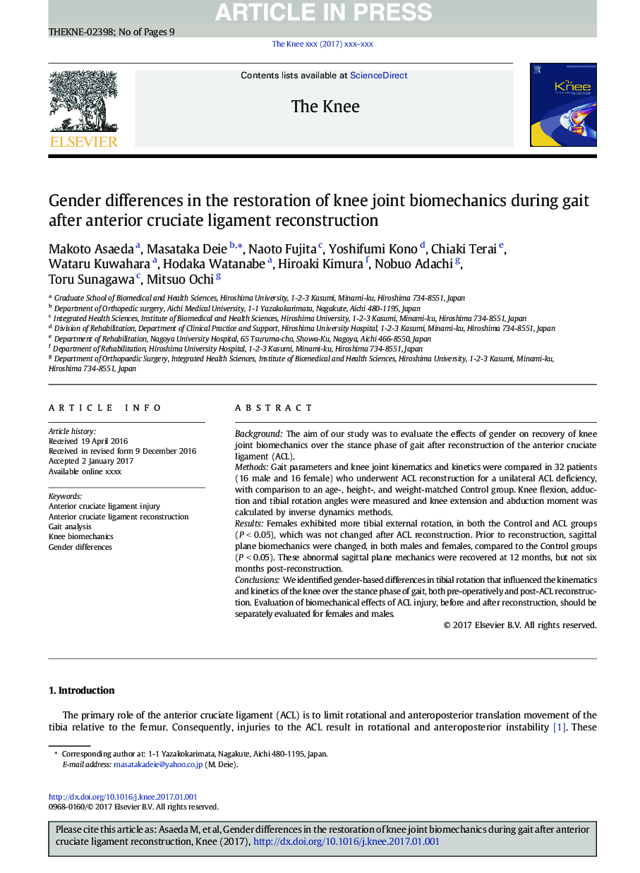 Gender differences in the restoration of knee joint biomechanics during gait after anterior cruciate ligament reconstruction