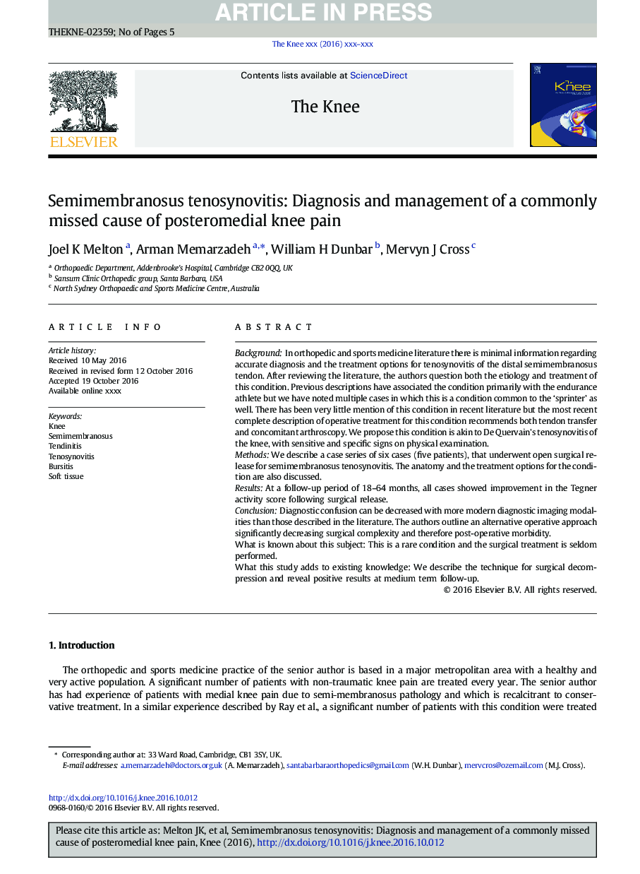 Semimembranosus tenosynovitis: Diagnosis and management of a commonly missed cause of posteromedial knee pain