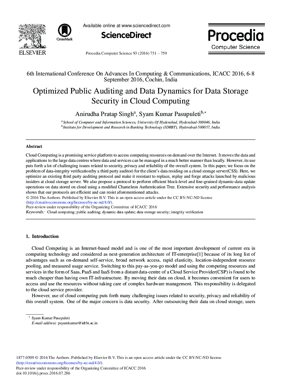 Optimized Public Auditing and Data Dynamics for Data Storage Security in Cloud Computing 
